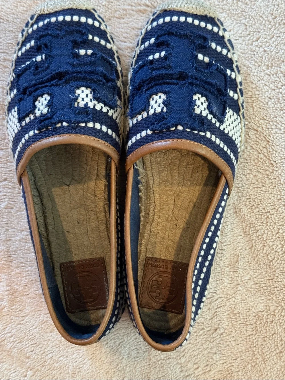 Tory Burch Navy Shaw Woven Canvas Espadrille Slip On Flats Size 8M
